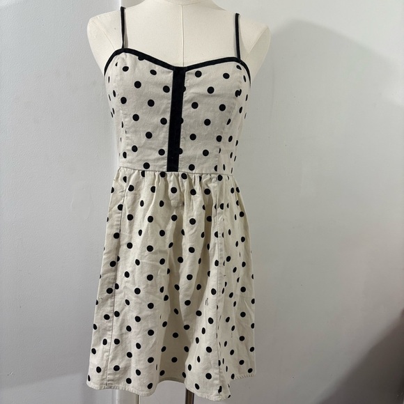 Urban Outfitters COPE Linen Blend Ivory Black Polka Dot Sleeveless Dress Sz M - Picture 1 of 11
